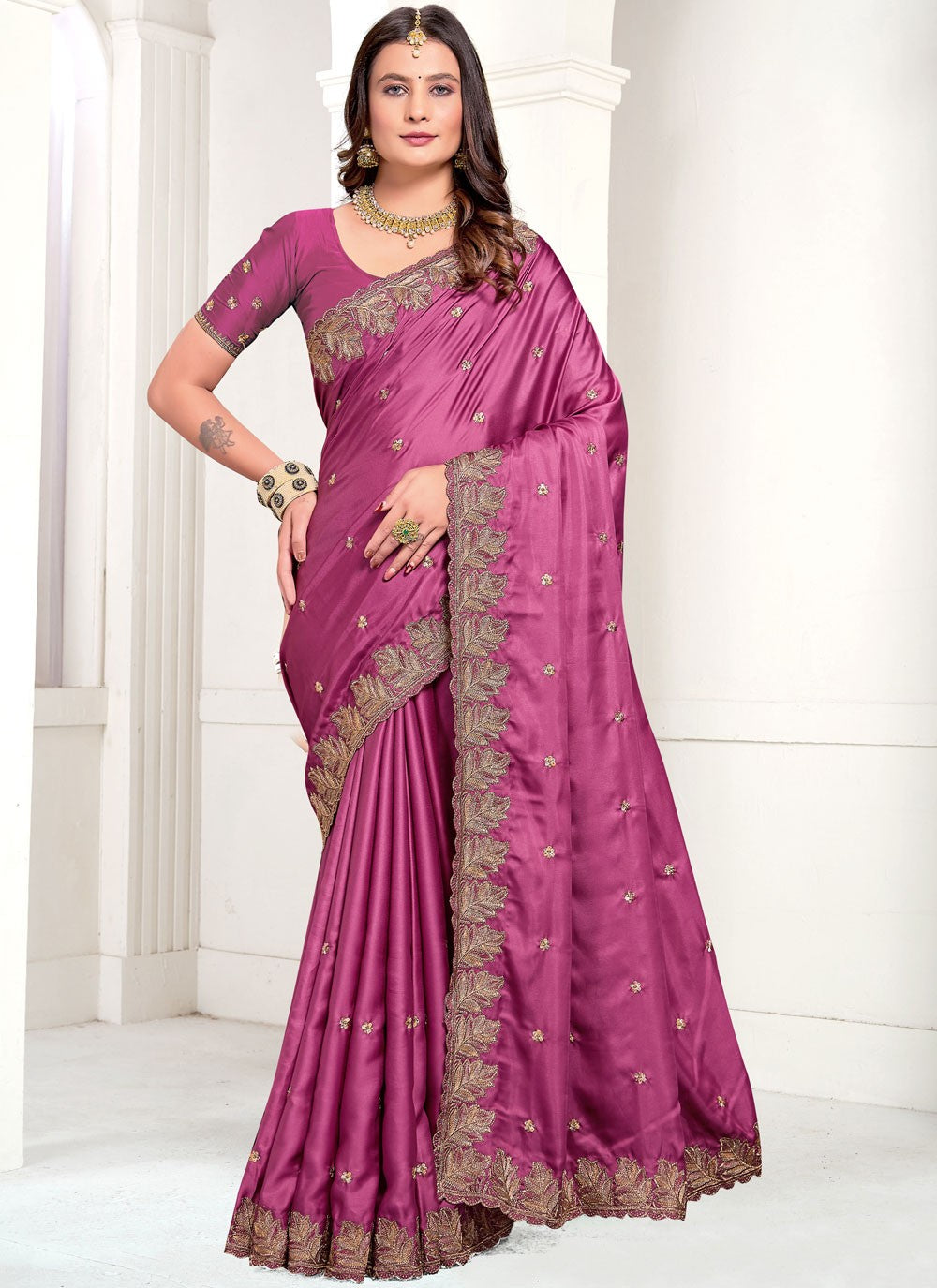 Classic Embroidered Satin Saree - S10549