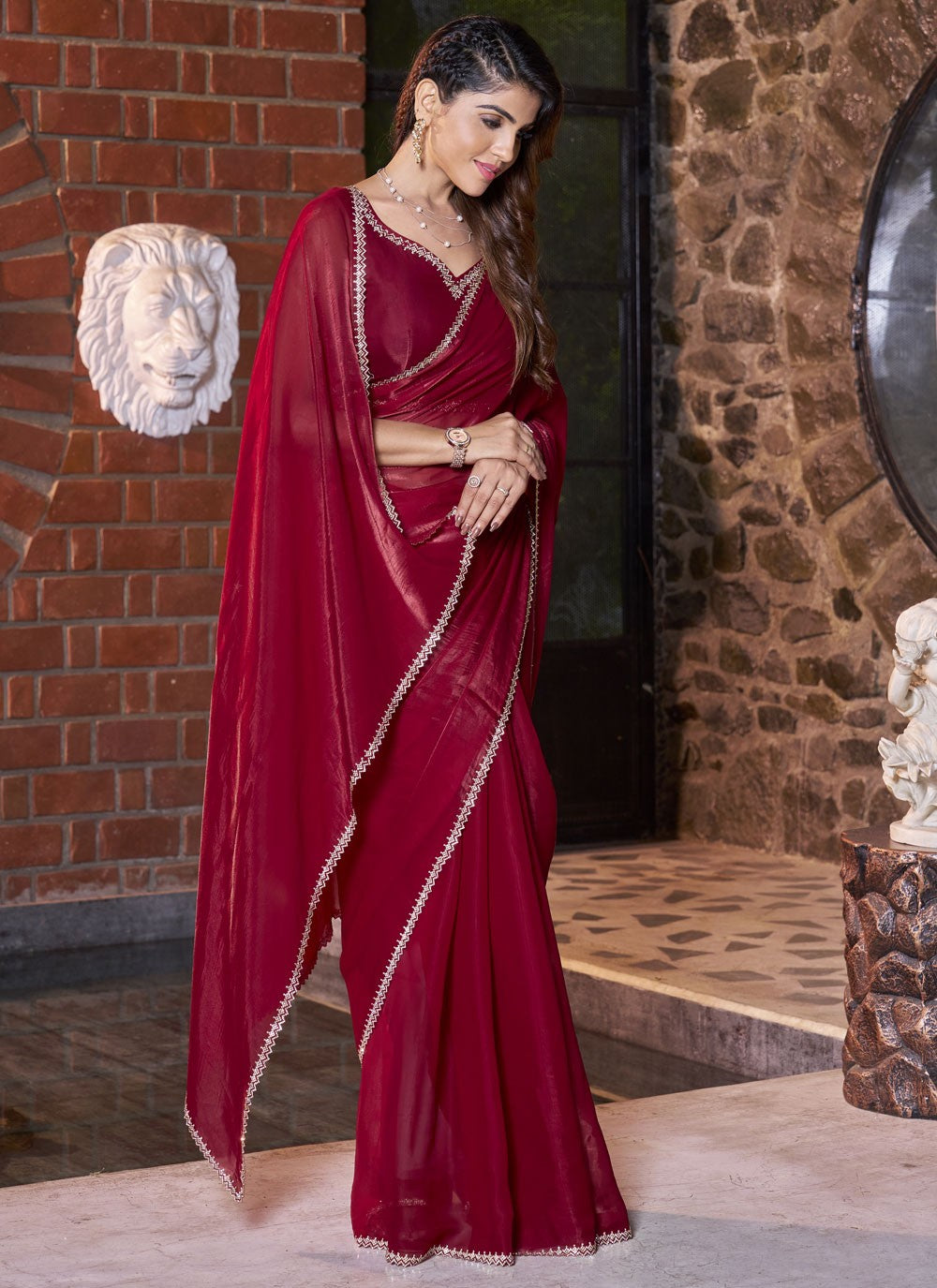 Traditional Border Work Jimmy Chu, Satin Purple Saree - S10747