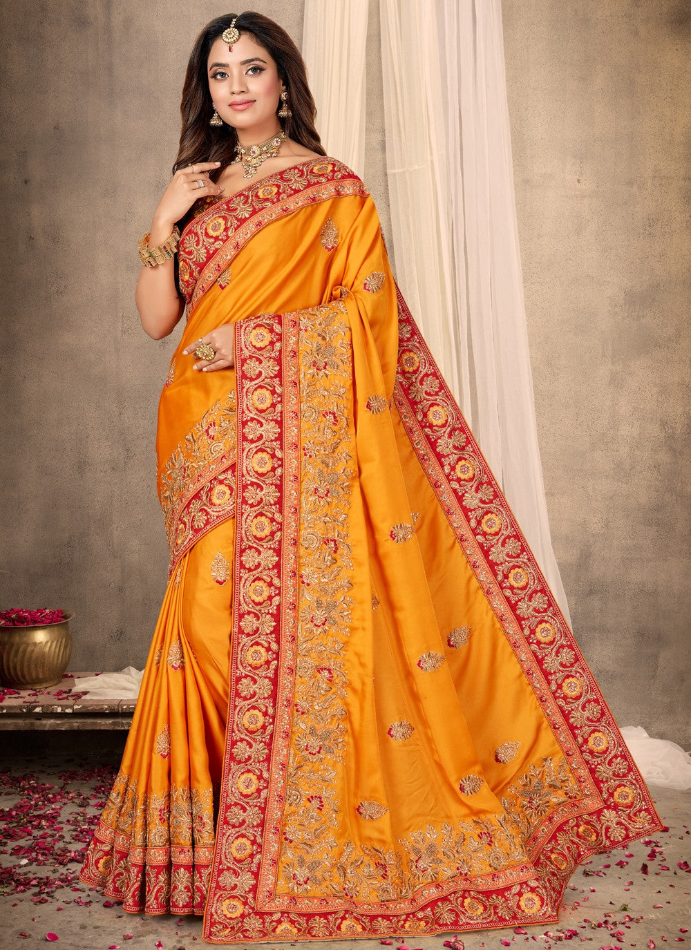 Traditional Embroidered Satin Saree - S0456