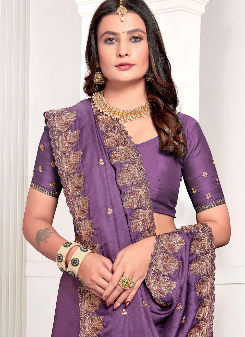 Classic Embroidered Satin Saree - S10549