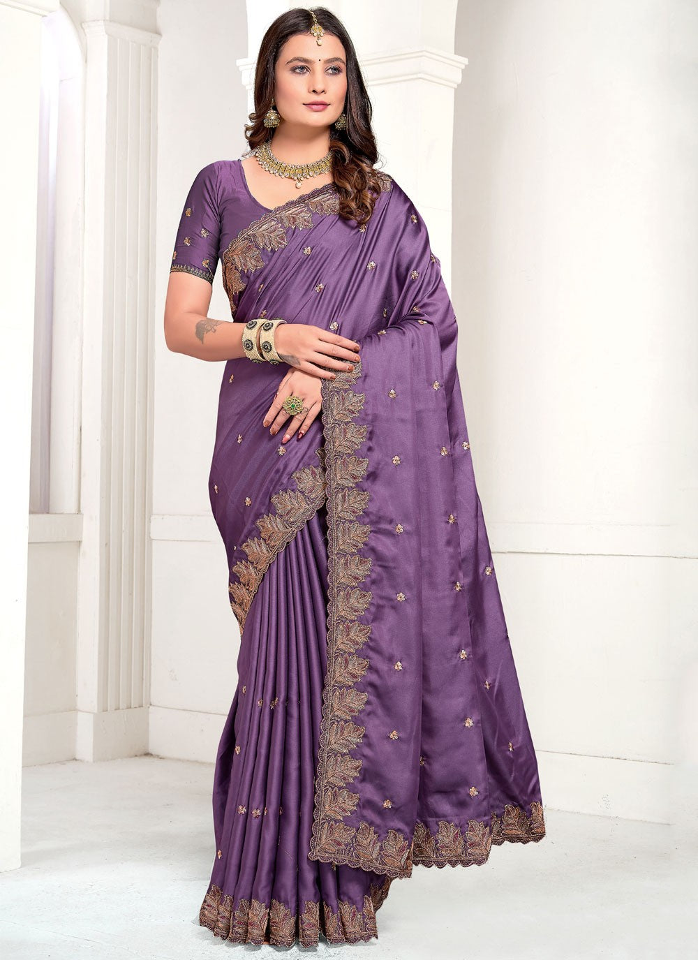 Classic Embroidered Satin Saree - S10549