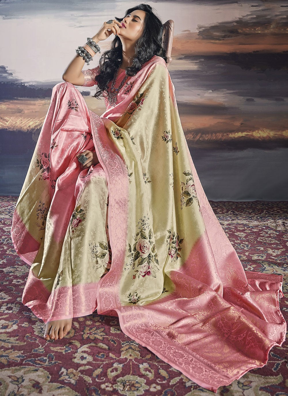 Classic Digital Print Satin Saree - S9978