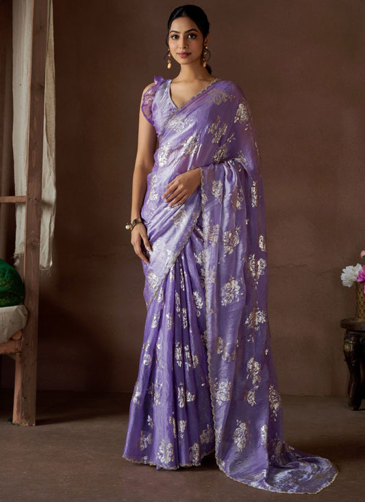 Classic Border Work Satin Silk Lavender Saree - S10878