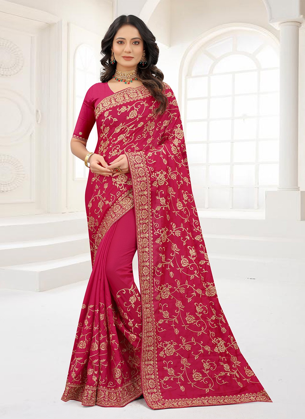 Traditional Embroidered Satin Silk Saree - S1418