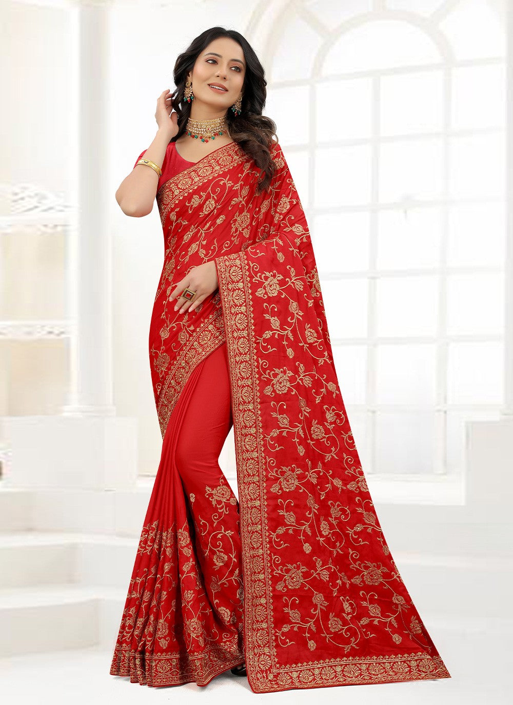 Traditional Embroidered Satin Silk Saree - S1418