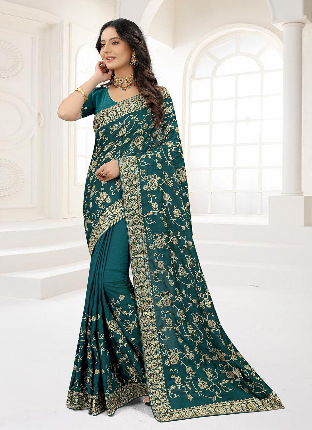 Traditional Embroidered Satin Silk Saree - S1418