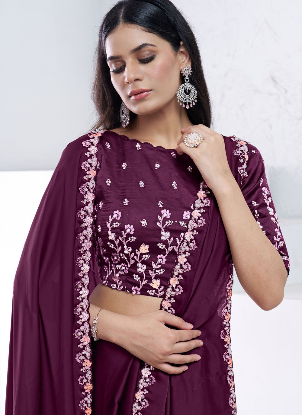 Embroidered, Moti, Sequins Crepe Silk Saree - S12036