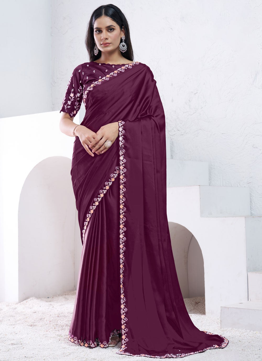 Embroidered, Moti, Sequins Crepe Silk Saree - S12036