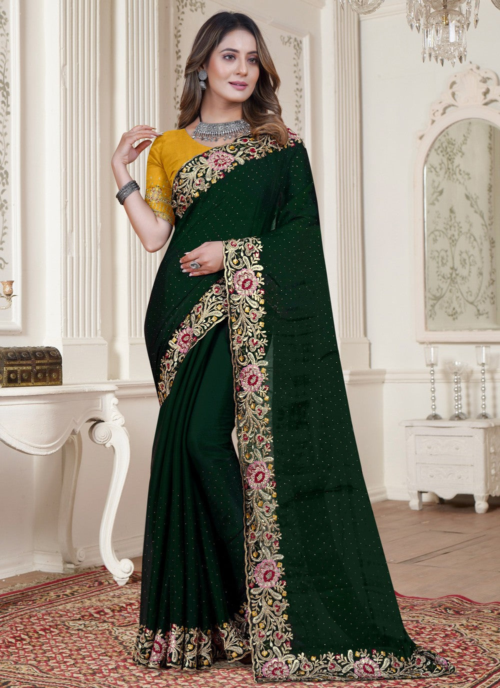 Contemporary Embroidered Satin Silk Saree - S3921