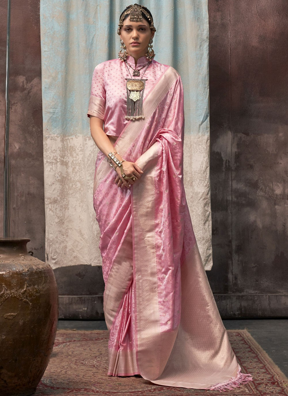 Classic Weaving Zari Satin Pink Saree - S10667