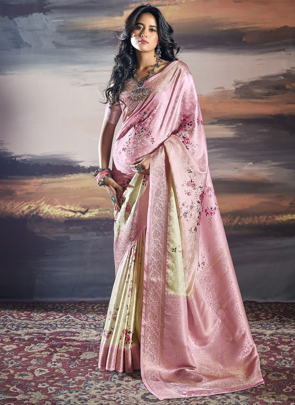 Classic Digital Print Satin Saree - S9978