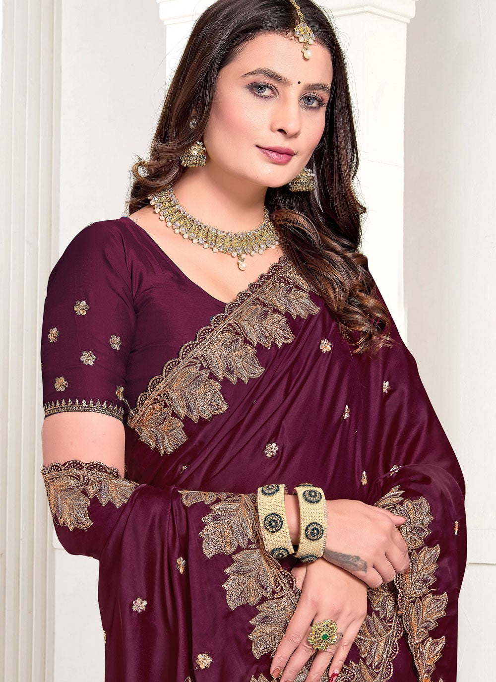 Classic Embroidered Satin Saree - S10549