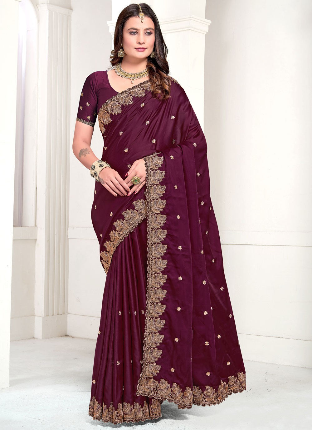 Classic Embroidered Satin Saree - S10549