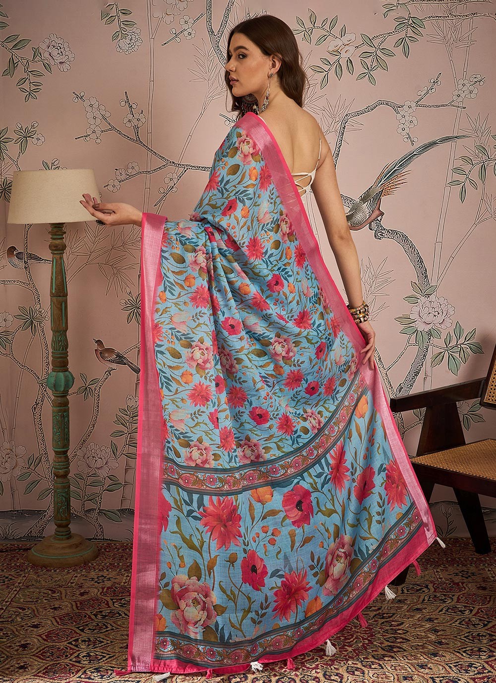 Classic Digital Print Linen Pink Saree - S10937