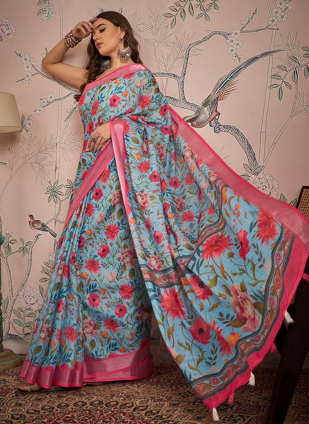 Classic Digital Print Linen Pink Saree - S10937