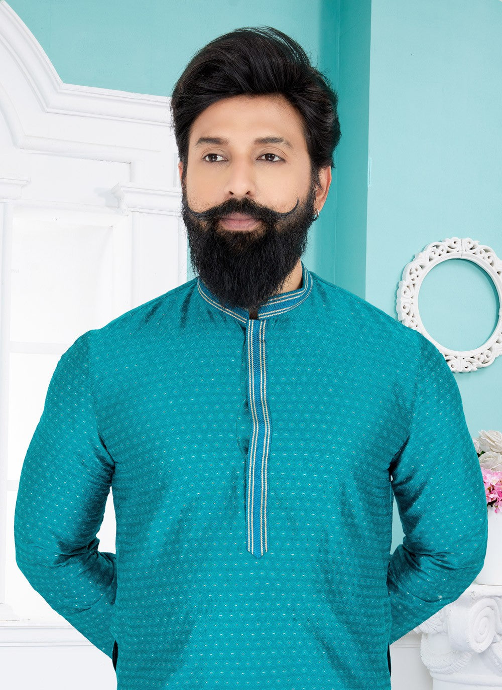 Jacquard Work Cotton , Jacquard Sea Green Kurta Pyjama - M4942