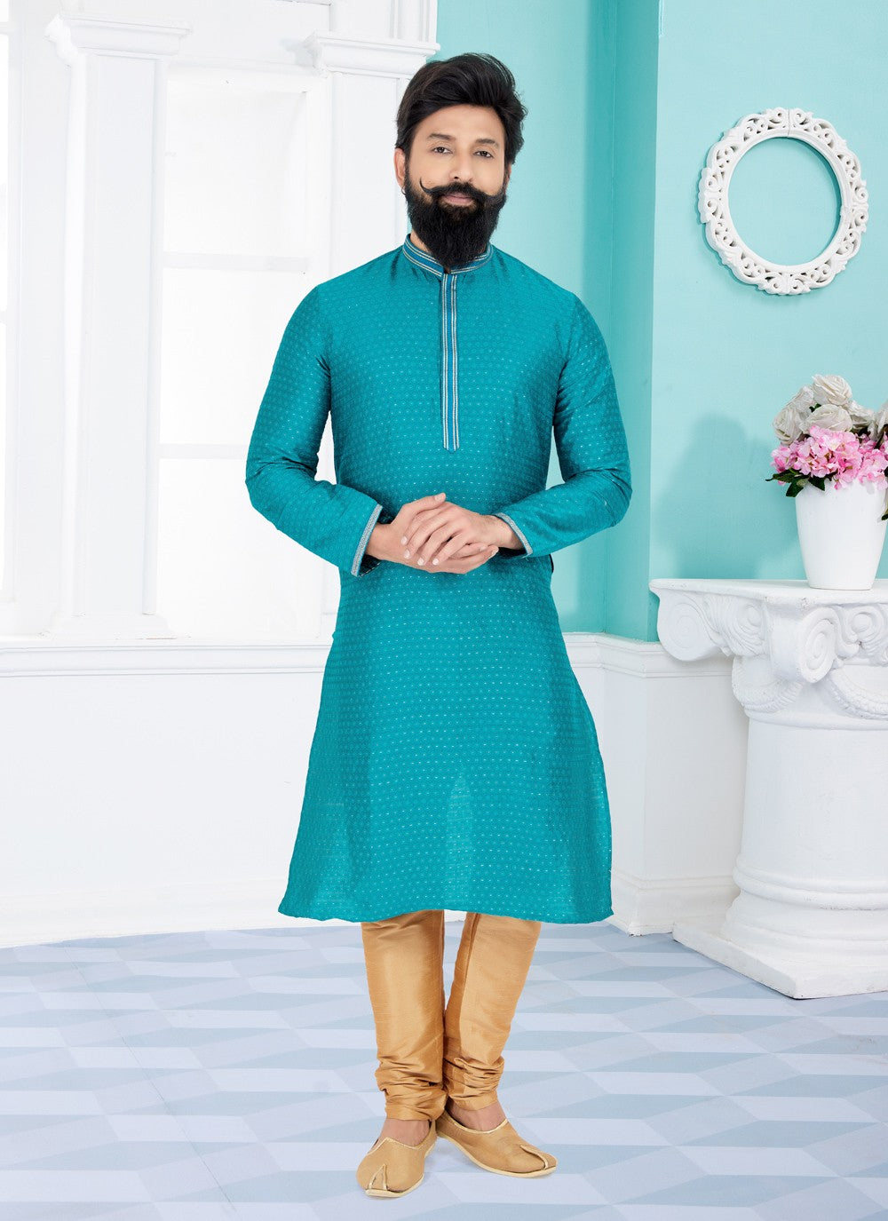 Jacquard Work Cotton , Jacquard Sea Green Kurta Pyjama - M4942