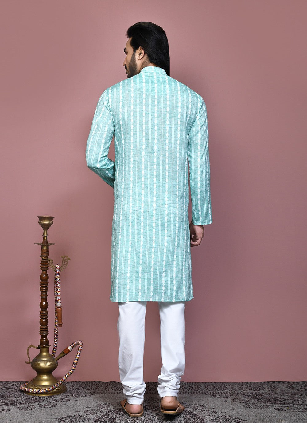 Printed Cotton Sea Green Kurta Pyjama - M7905