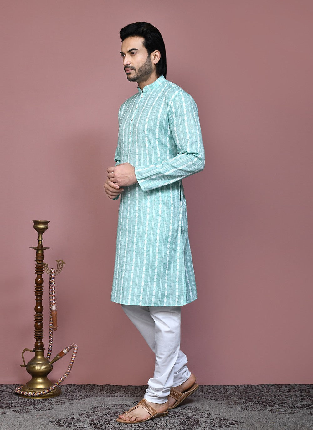 Printed Cotton Sea Green Kurta Pyjama - M7905