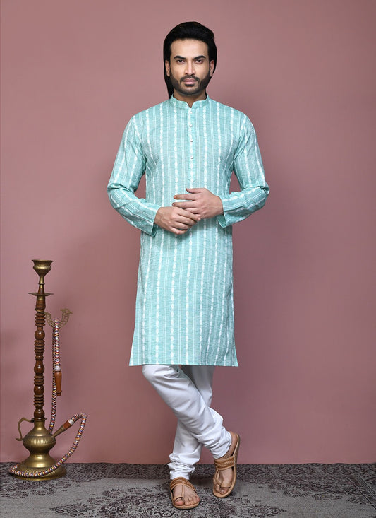 Printed Cotton Sea Green Kurta Pyjama - M7905