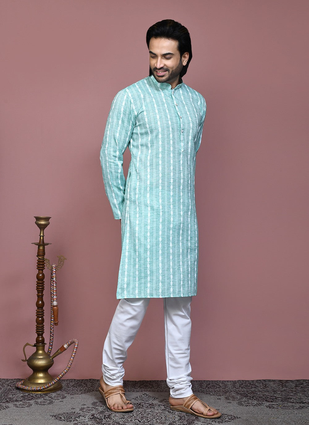 Printed Cotton Sea Green Kurta Pyjama - M7905