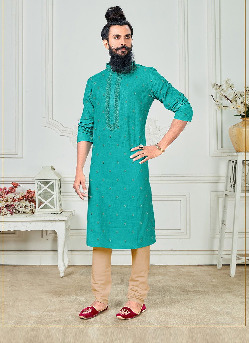 Embroidered Polly Cotton Sea Green Kurta Pyjama - M2469