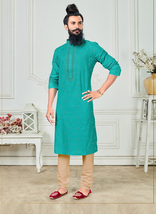 Embroidered Polly Cotton Sea Green Kurta Pyjama - M2469