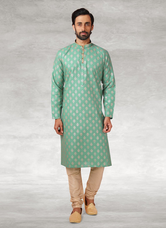 Printed Handloom Cotton Sea Green Kurta Pyjama - M2689