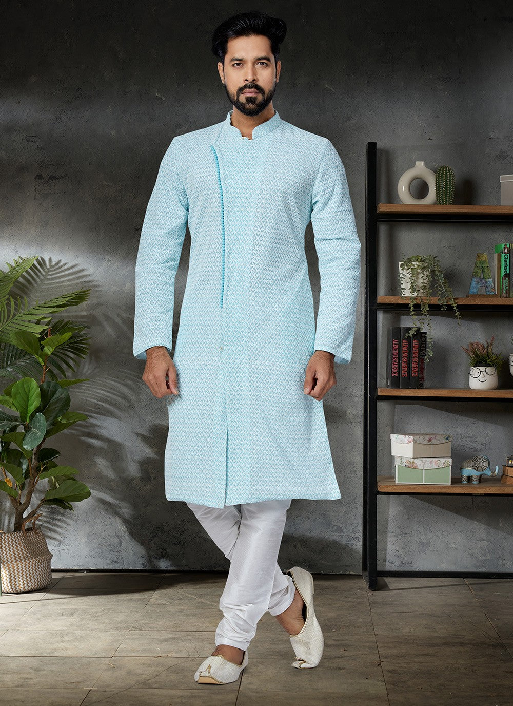 Embroidered Georgette Sea Green Kurta Pyjama - M4957