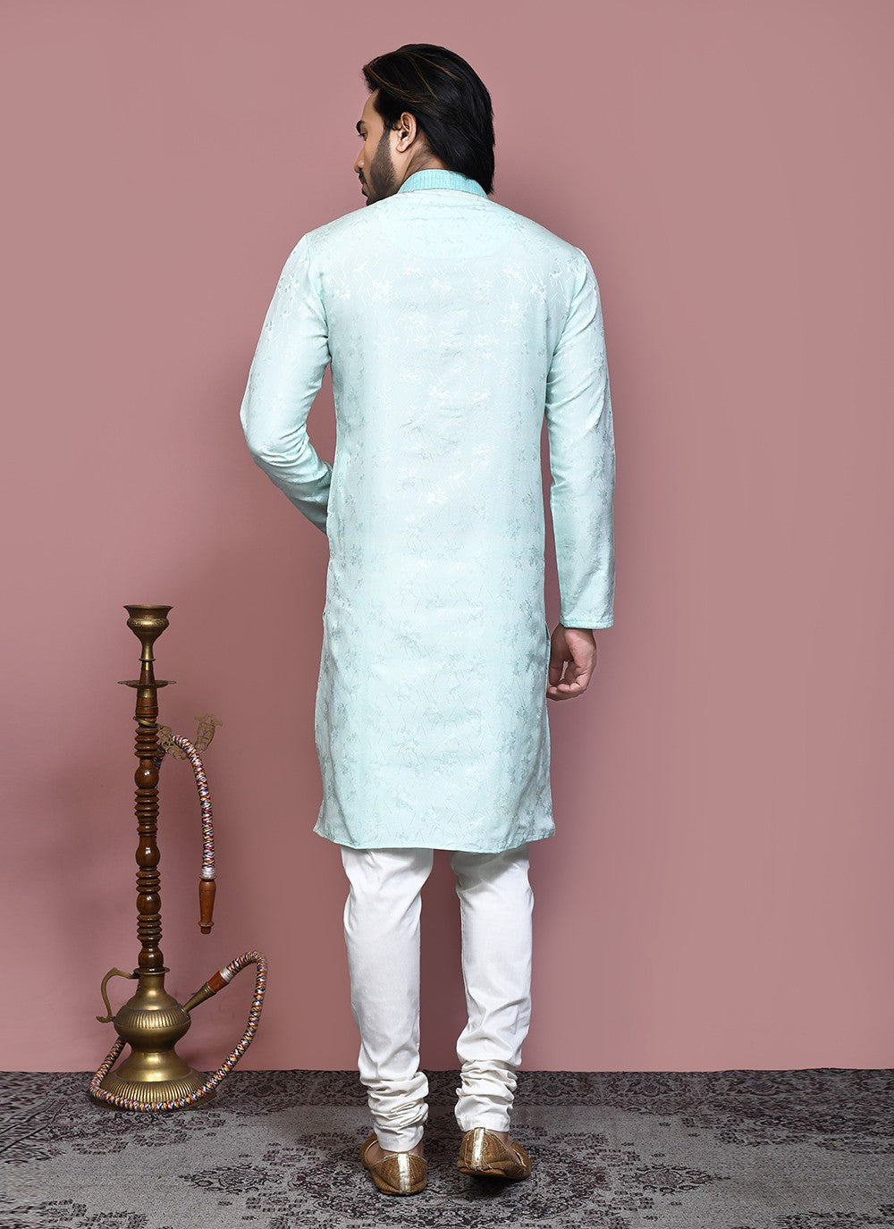 Resham Art Silk Sea Green Kurta Pyjama - M7873