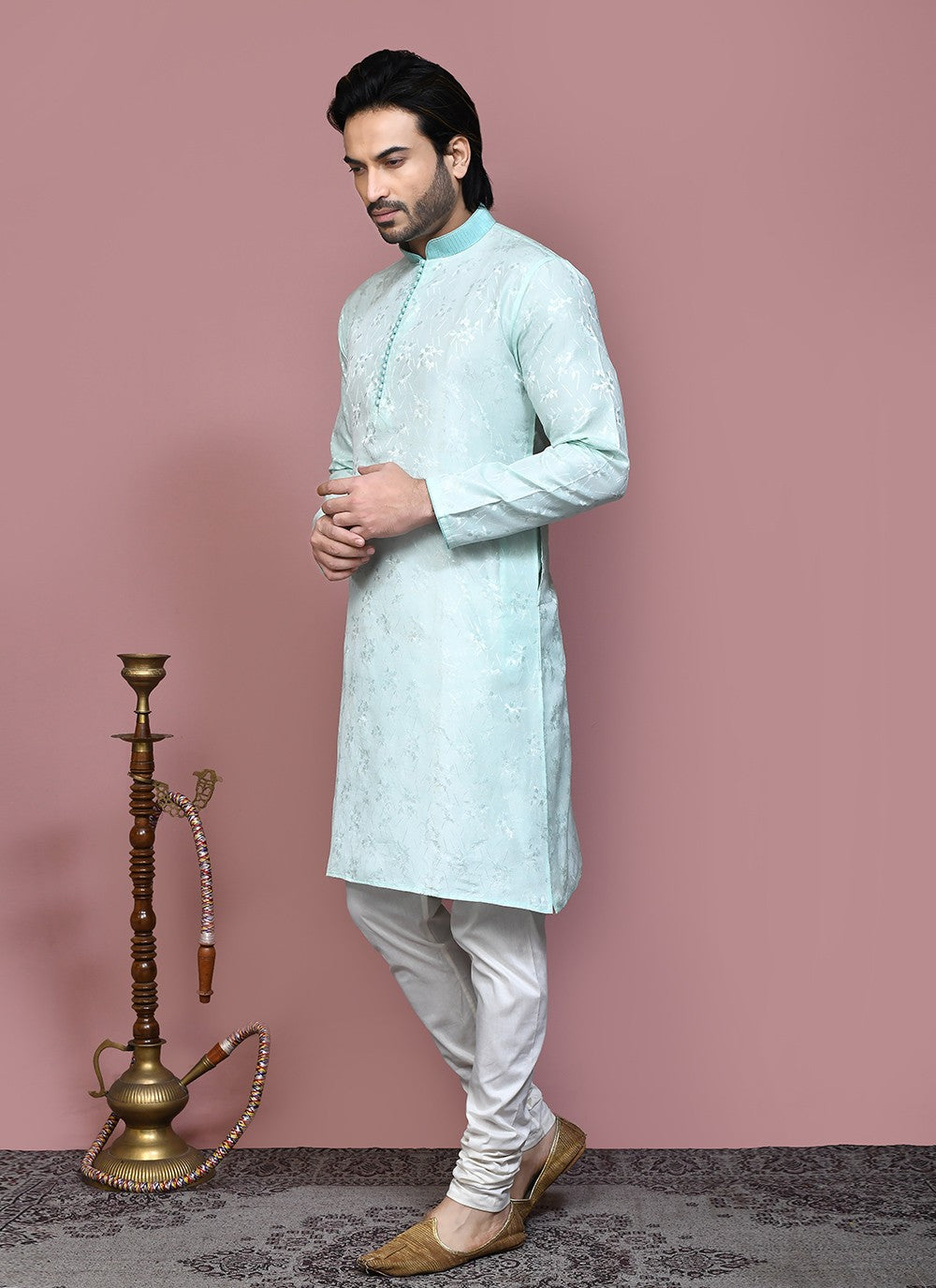 Resham Art Silk Sea Green Kurta Pyjama - M7873