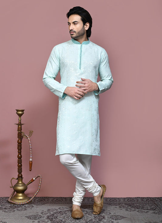 Resham Art Silk Sea Green Kurta Pyjama - M7873