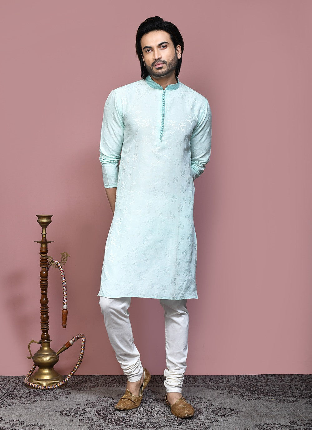 Resham Art Silk Sea Green Kurta Pyjama - M7873