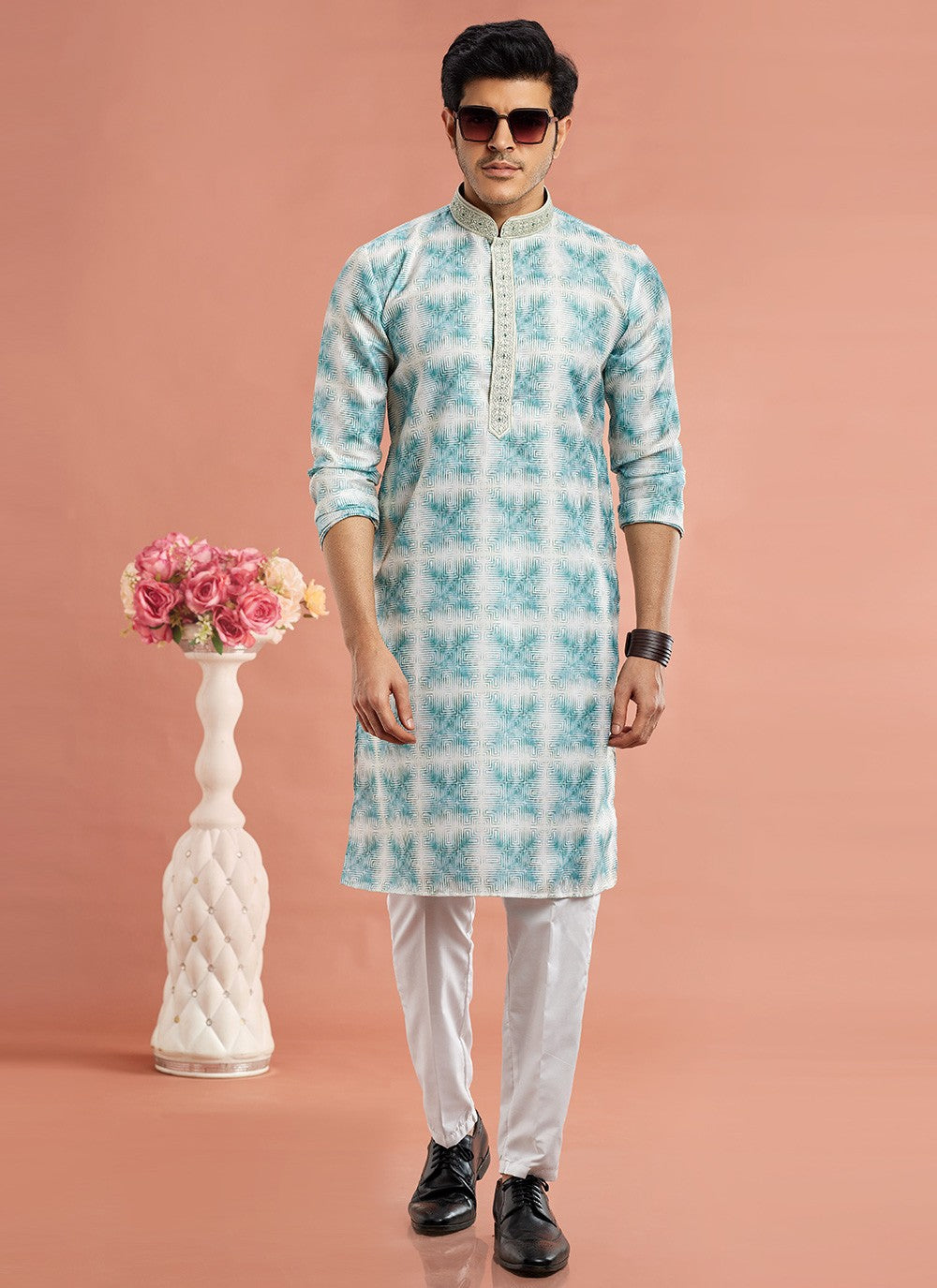 Digital Print Cotton Sea Green Kurta Pyjama - M7082