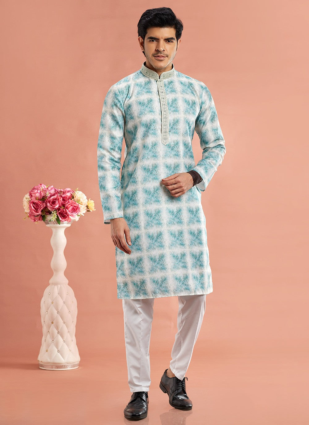 Digital Print Cotton Sea Green Kurta Pyjama - M7082