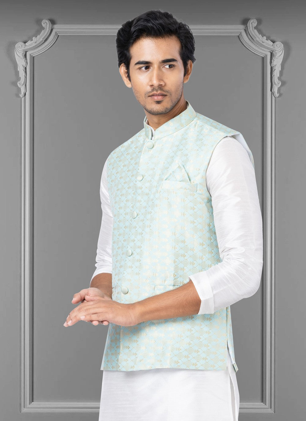 Embroidered Jacquard Silk Sea Green Nehru Jackets - M3816