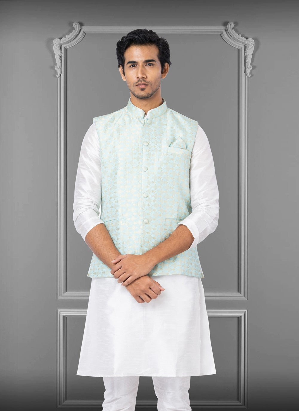 Embroidered Jacquard Silk Sea Green Nehru Jackets - M3816