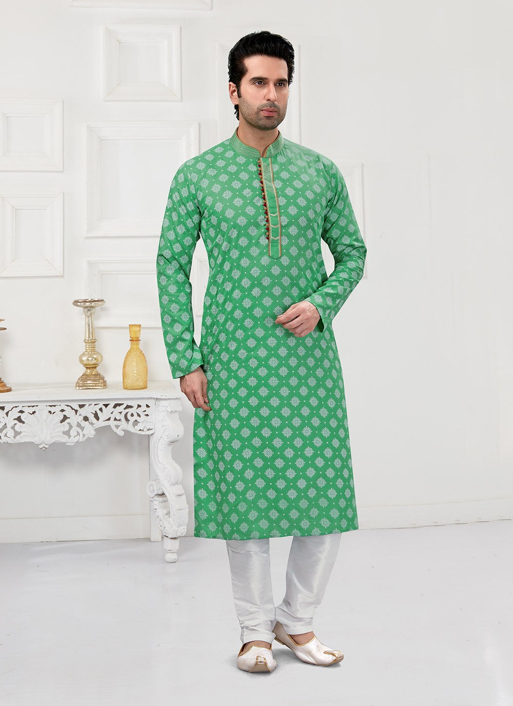 Printed Cotton Sea Green Kurta Pyjama - M3162