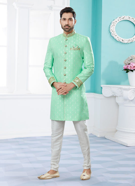 Embroidered Fancy Fabric Sea Green Indo Western Sherwani - M3931