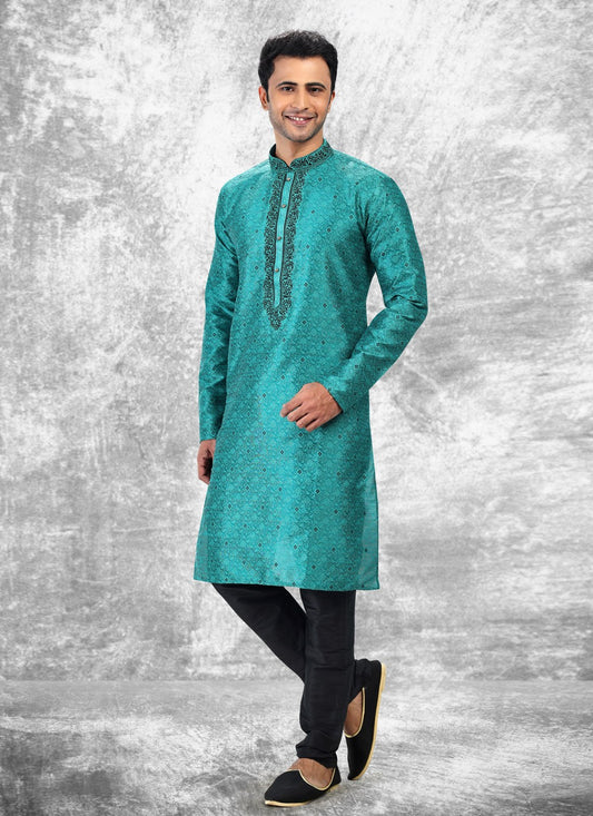 Fancy Work Brocade, Jacquard Silk Sea Green Kurta Pyjama - M4857