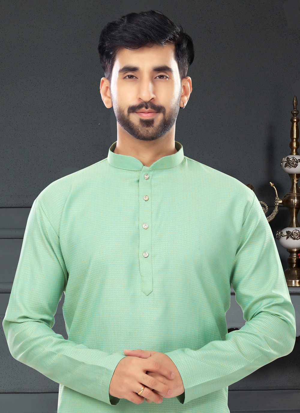 Fancy Work Cotton , Jacquard Sea Green Kurta Pyjama - M4745