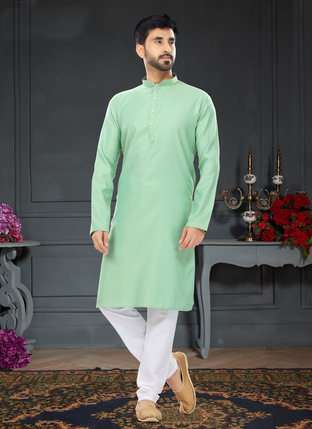 Fancy Work Cotton , Jacquard Sea Green Kurta Pyjama - M4745