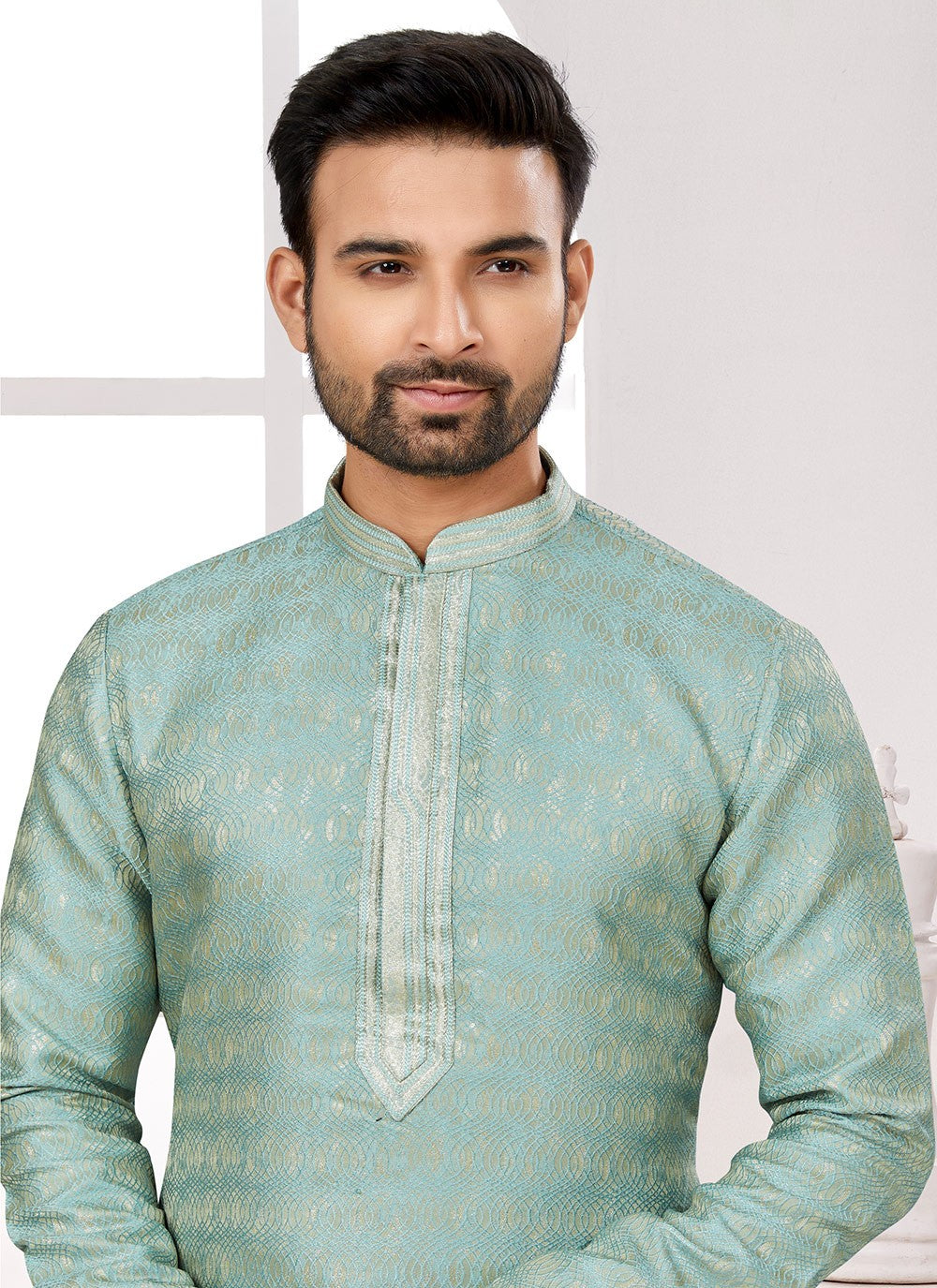 Fancy Work Jacquard Sea Green Kurta Pyjama - M6687