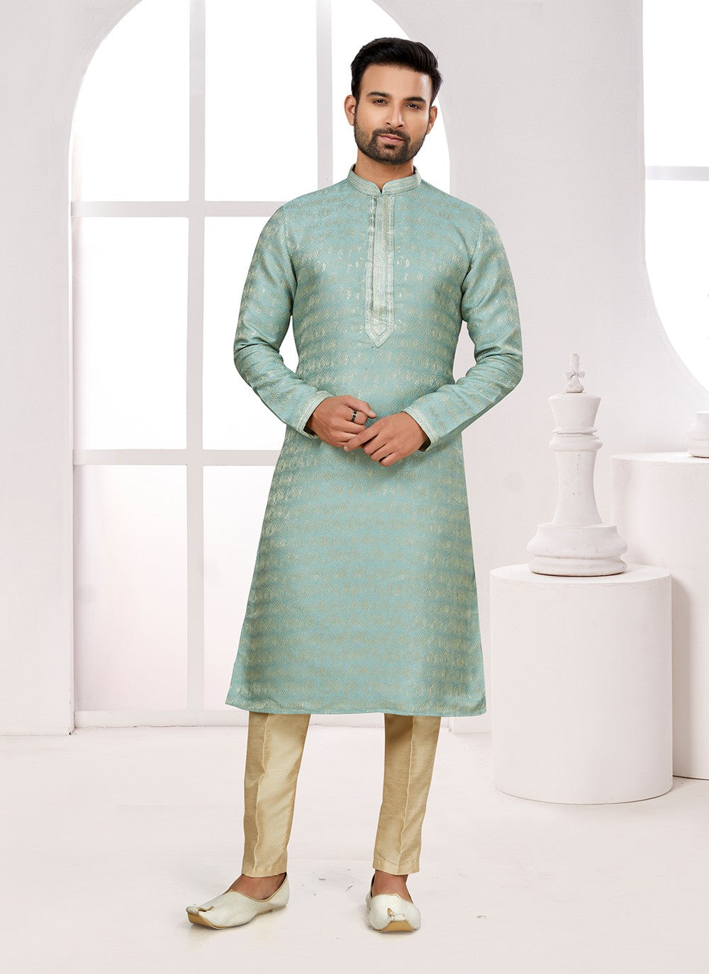 Fancy Work Jacquard Sea Green Kurta Pyjama - M6687