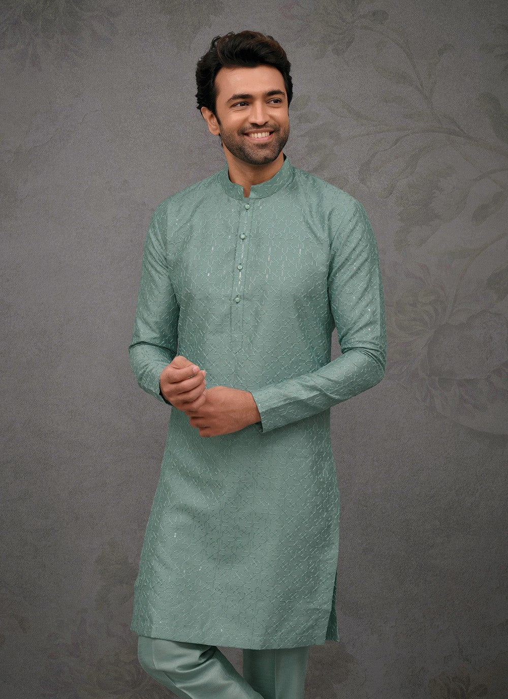 Embroidered Silk Sea Green Kurta Pyjama - M8389