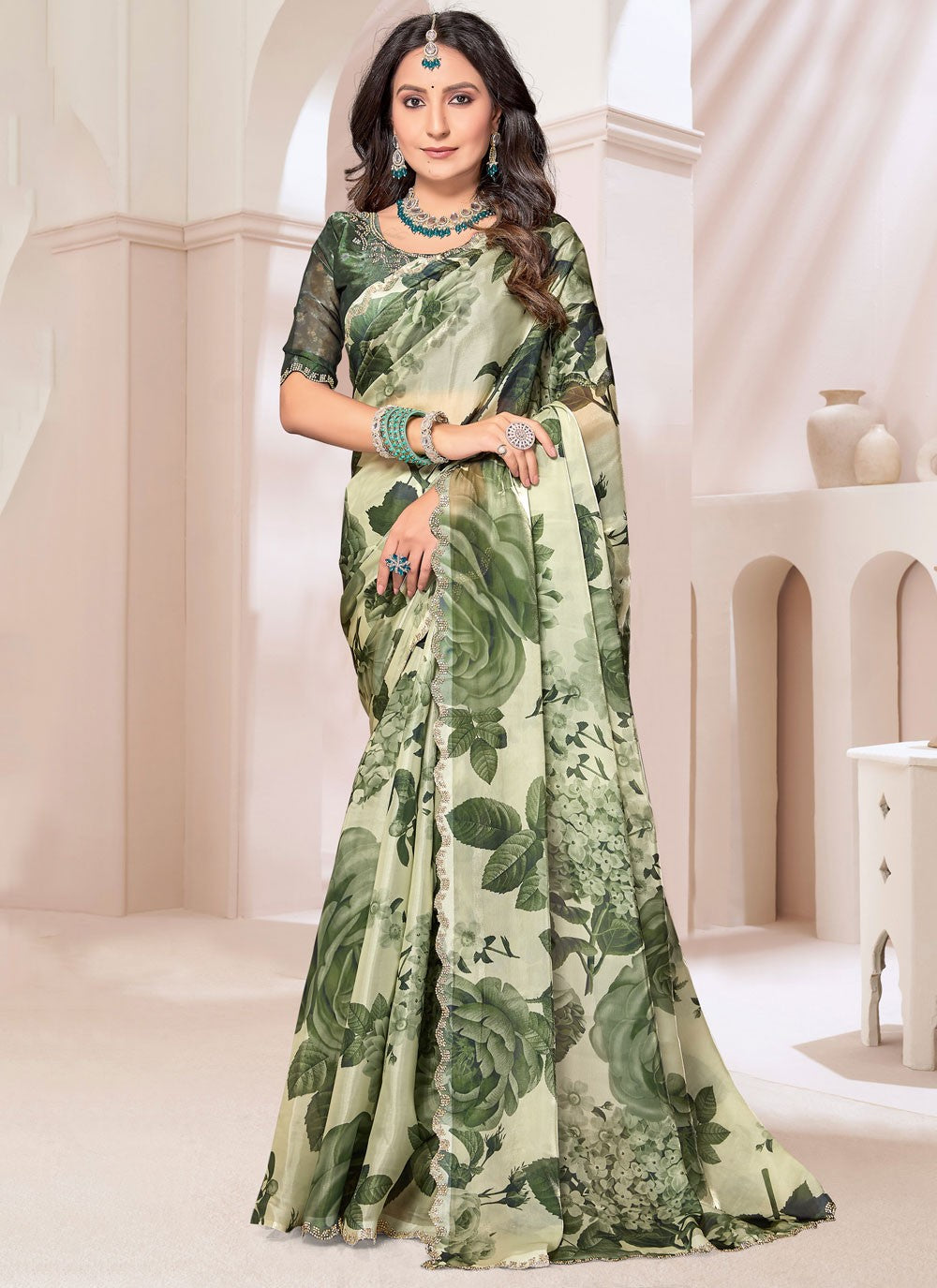 Trendy Cut Work Organza, Silk Aqua Blue Saree - S11267