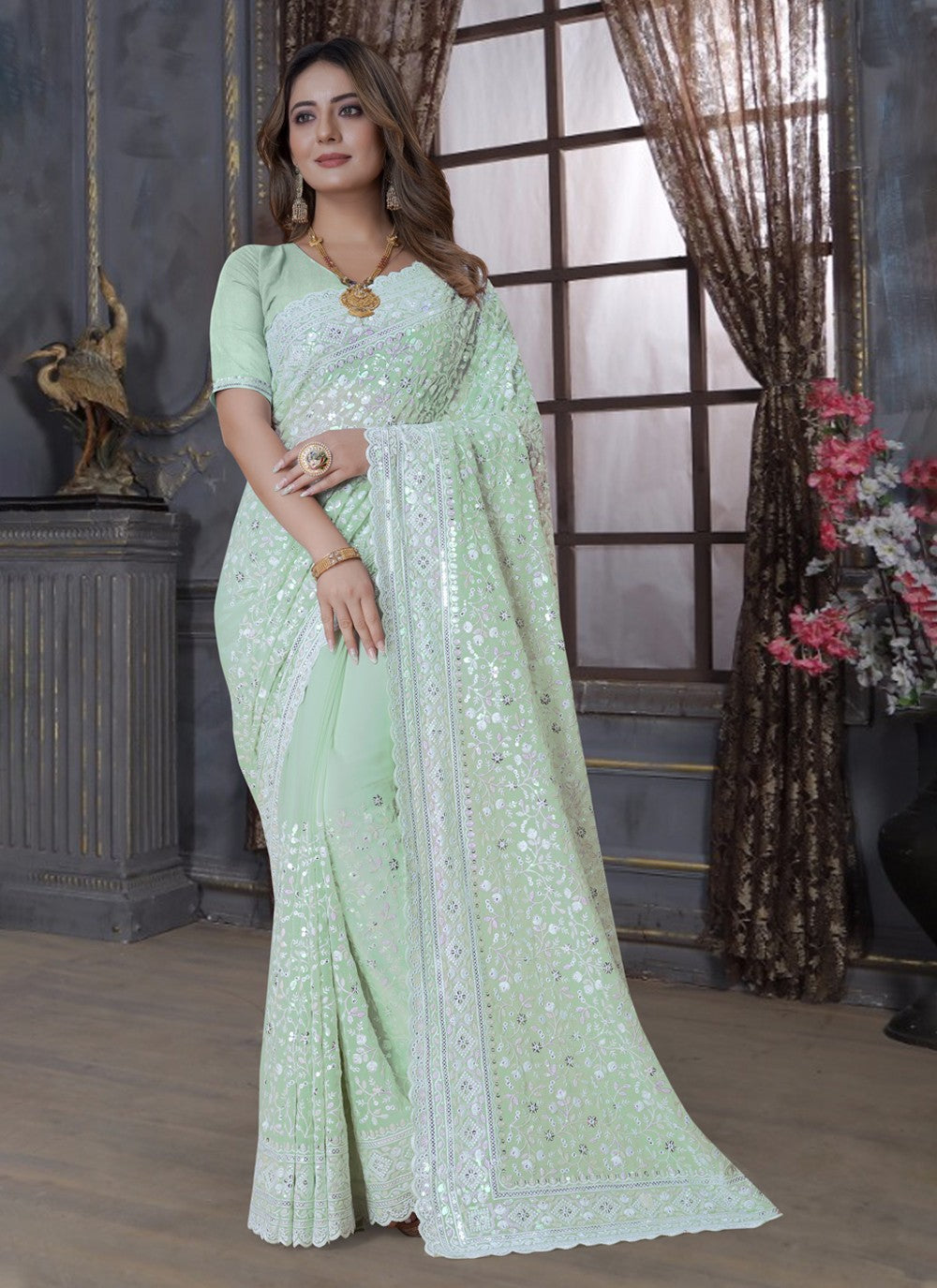 Trendy Embroidered Georgette Saree - S3586