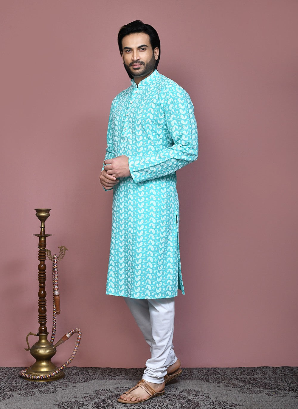 Embroidered Cotton Sea Green Kurta Pyjama - M7909