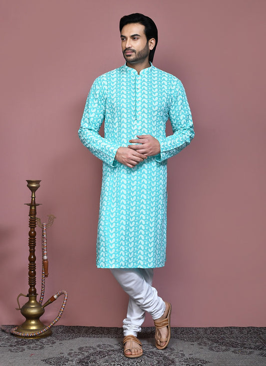 Embroidered Cotton Sea Green Kurta Pyjama - M7909