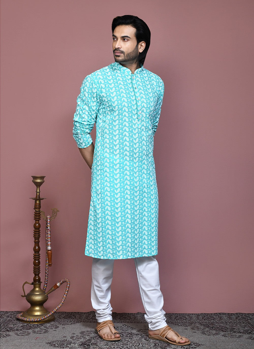 Embroidered Cotton Sea Green Kurta Pyjama - M7909